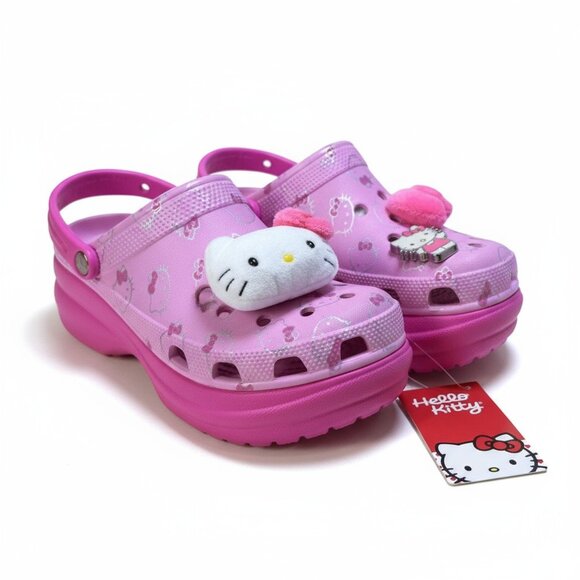 NWT Crocs Hello Kitty Bae Clog Shoes Women's 8 Pink Plush Jibbitz Charms 211199 - Picture 1 of 8